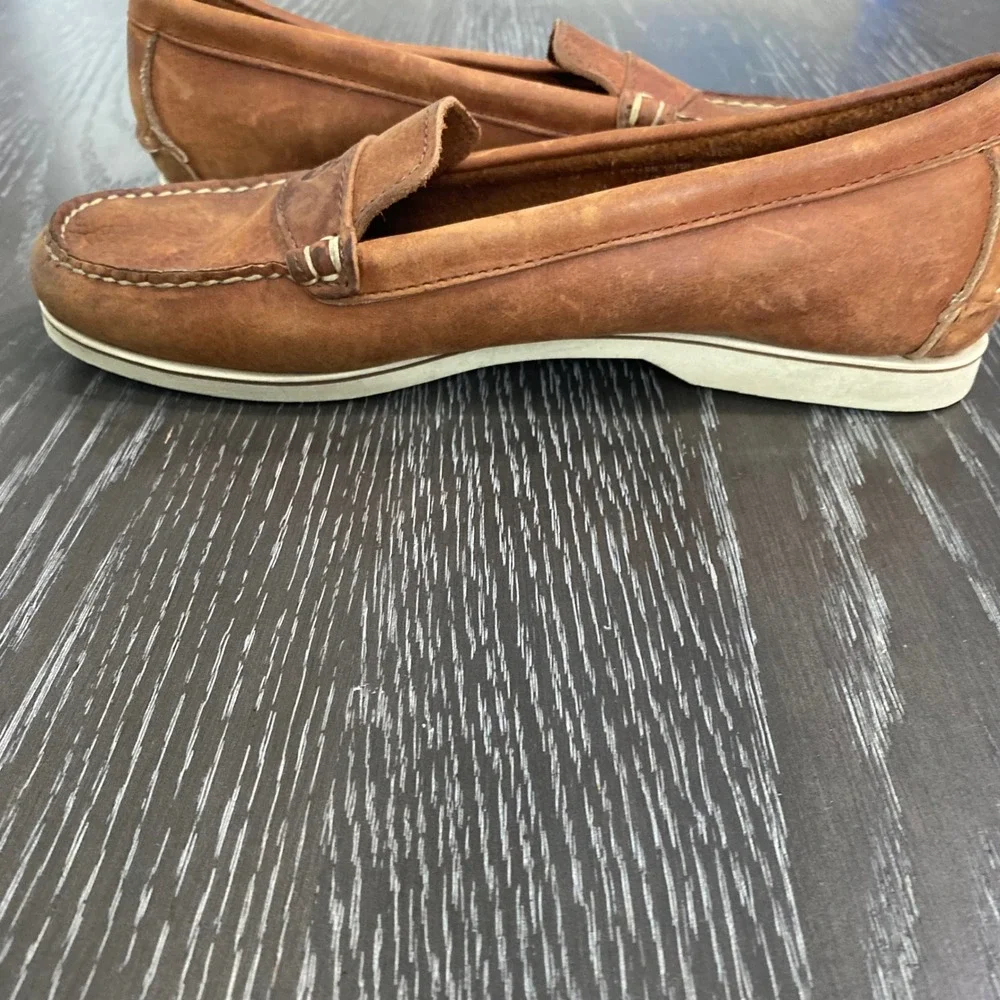 Timberland Brown Leather Nautical Boat Shoes Moc Toe Slip On Loafers 8M Preppy